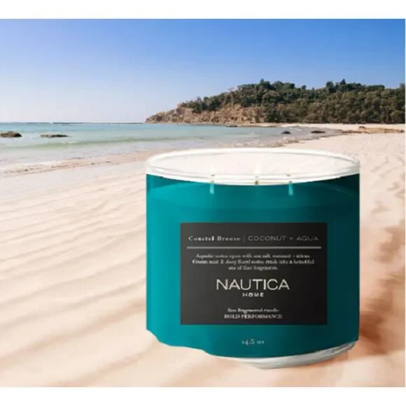 NAUTICA Scented Candle Coastal Breeze Coconut & Aqua Soy 3-Wick Jar Long Lasting - Picture 2 of 2